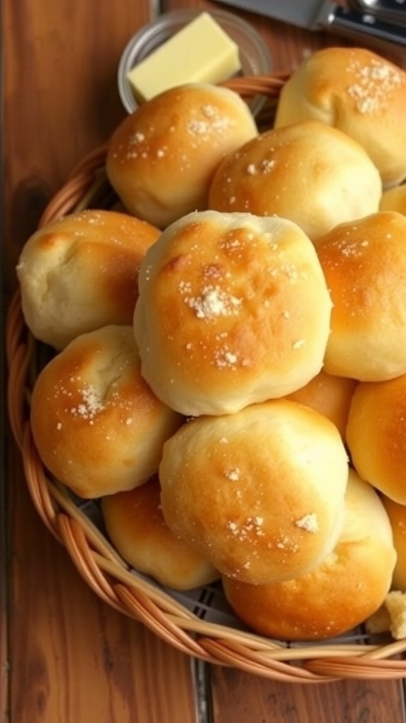 A basket of golden dinner rolls, soft and fluffy, with a dish of butter on a wooden table.
